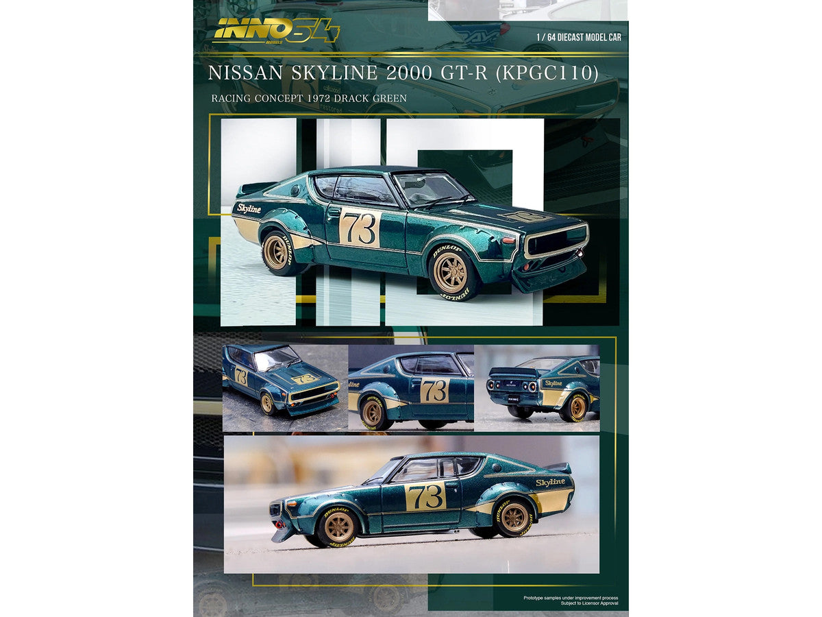 Nissan Skyline 2000 GT-R (KPGC10) RHD (Right Hand Drive) #73 Green Metallic "Racing Concept" 1/64 Inno 64