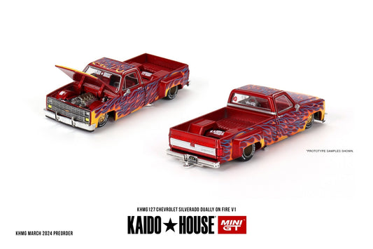 (Pre-Order) Chevrolet Silverado Dually on Fire V1 Red With Flames Kaido House x Mini GT - Big J's Garage