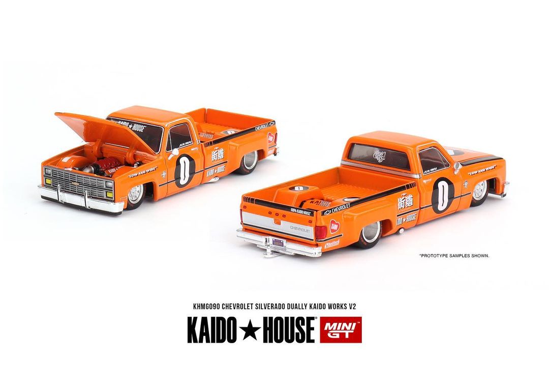 (Pre-Order) Chevy Silverado Dually Kaido Works V2 Orange Kaido House x Mini GT - Big J's Garage