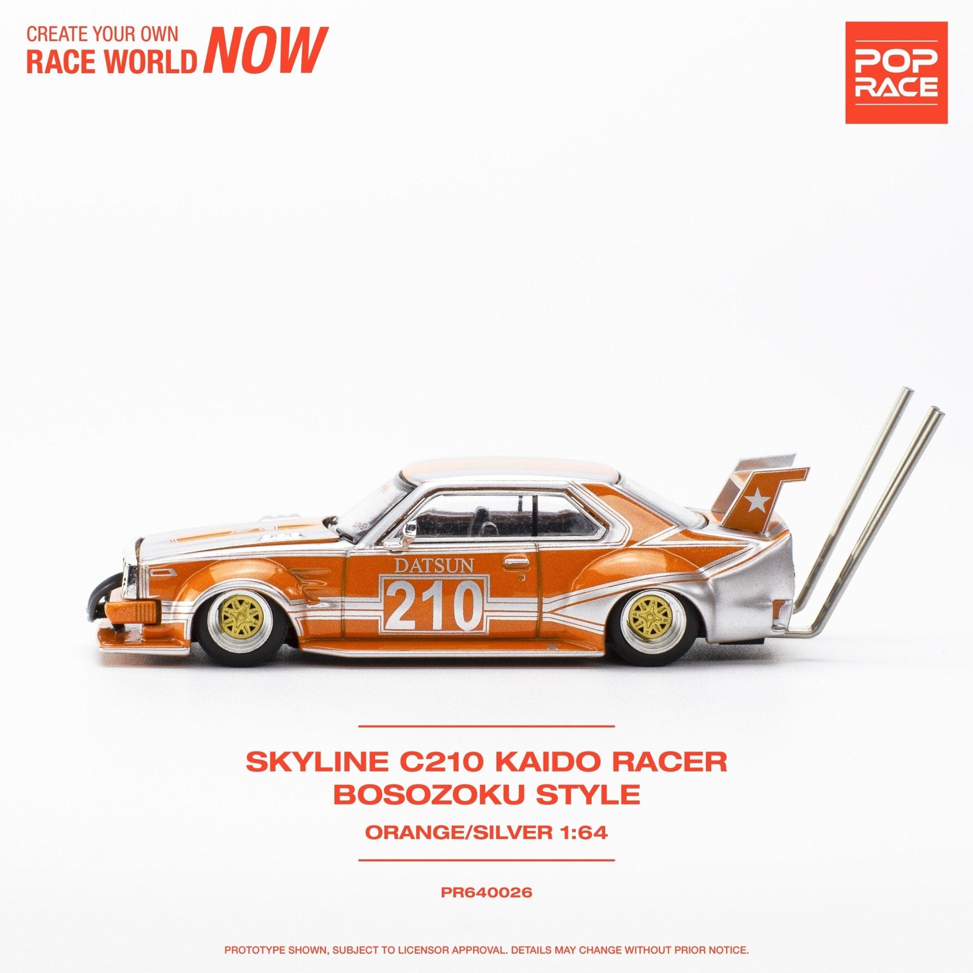 (Pre-Order) Nissan Skyline C210 Kaido Racer Bosozuko Style - Orange/Silver Pop Race - Big J's Garage