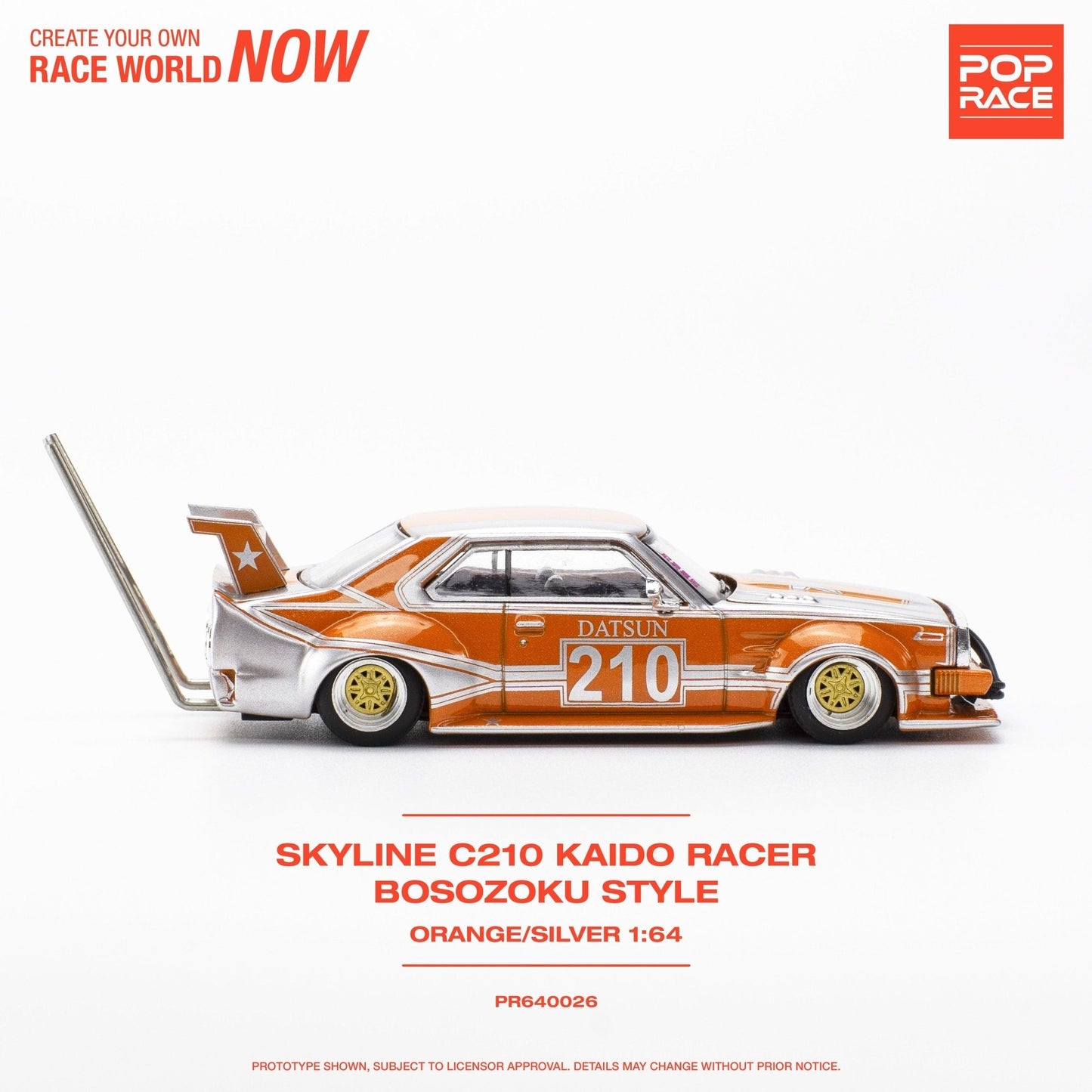 (Pre-Order) Nissan Skyline C210 Kaido Racer Bosozuko Style - Orange/Silver Pop Race - Big J's Garage