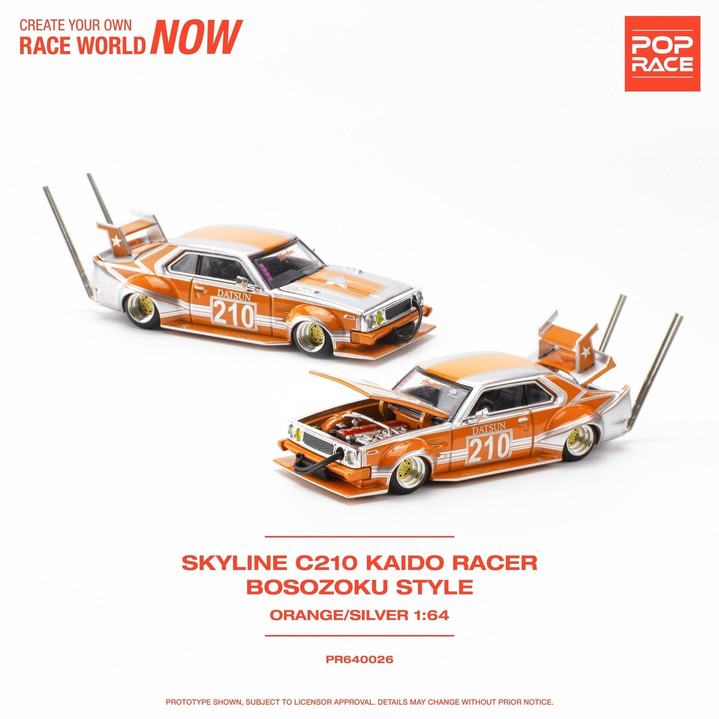 (Pre-Order) Nissan Skyline C210 Kaido Racer Bosozuko Style - Orange/Silver Pop Race - Big J's Garage