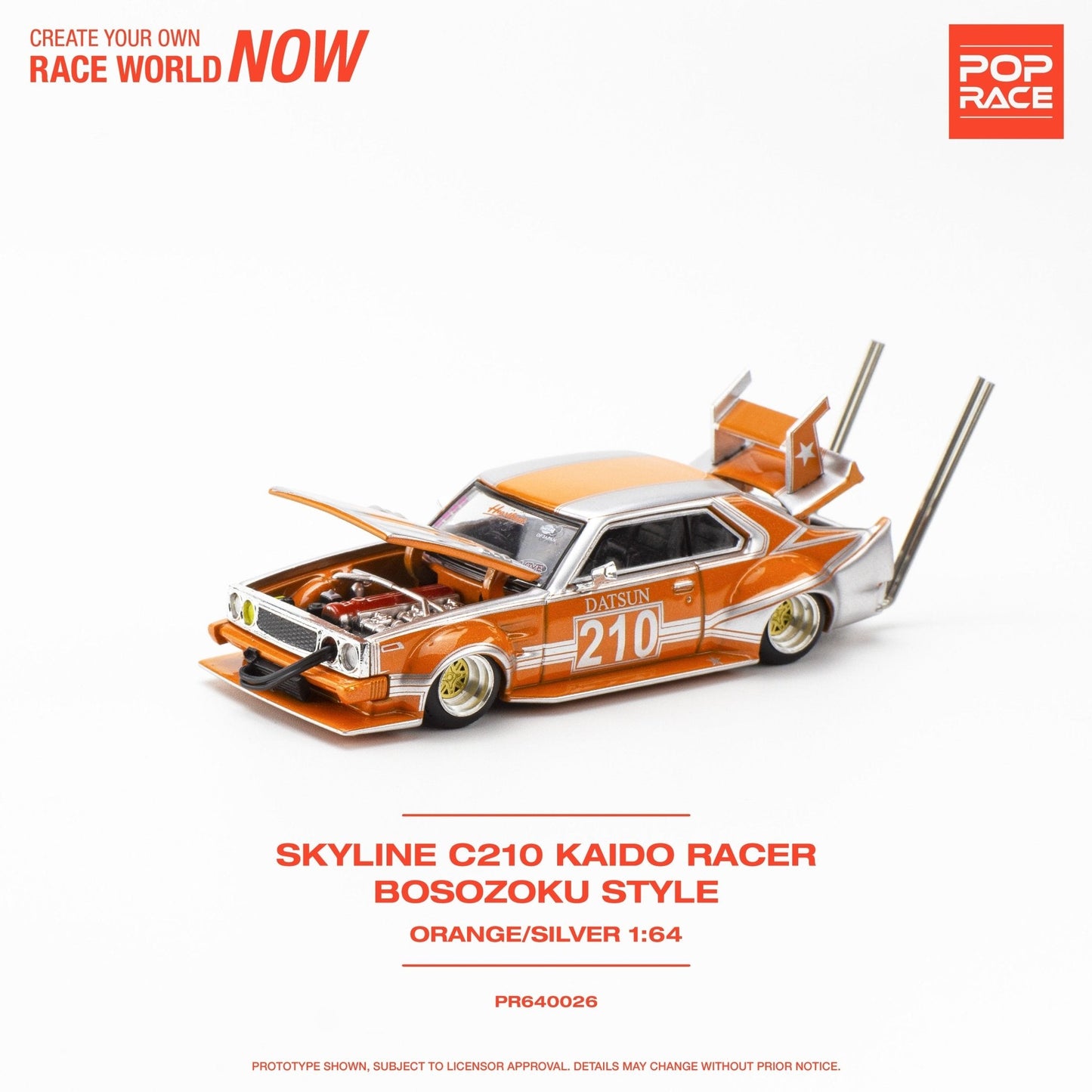 (Pre-Order) Nissan Skyline C210 Kaido Racer Bosozuko Style - Orange/Silver Pop Race - Big J's Garage