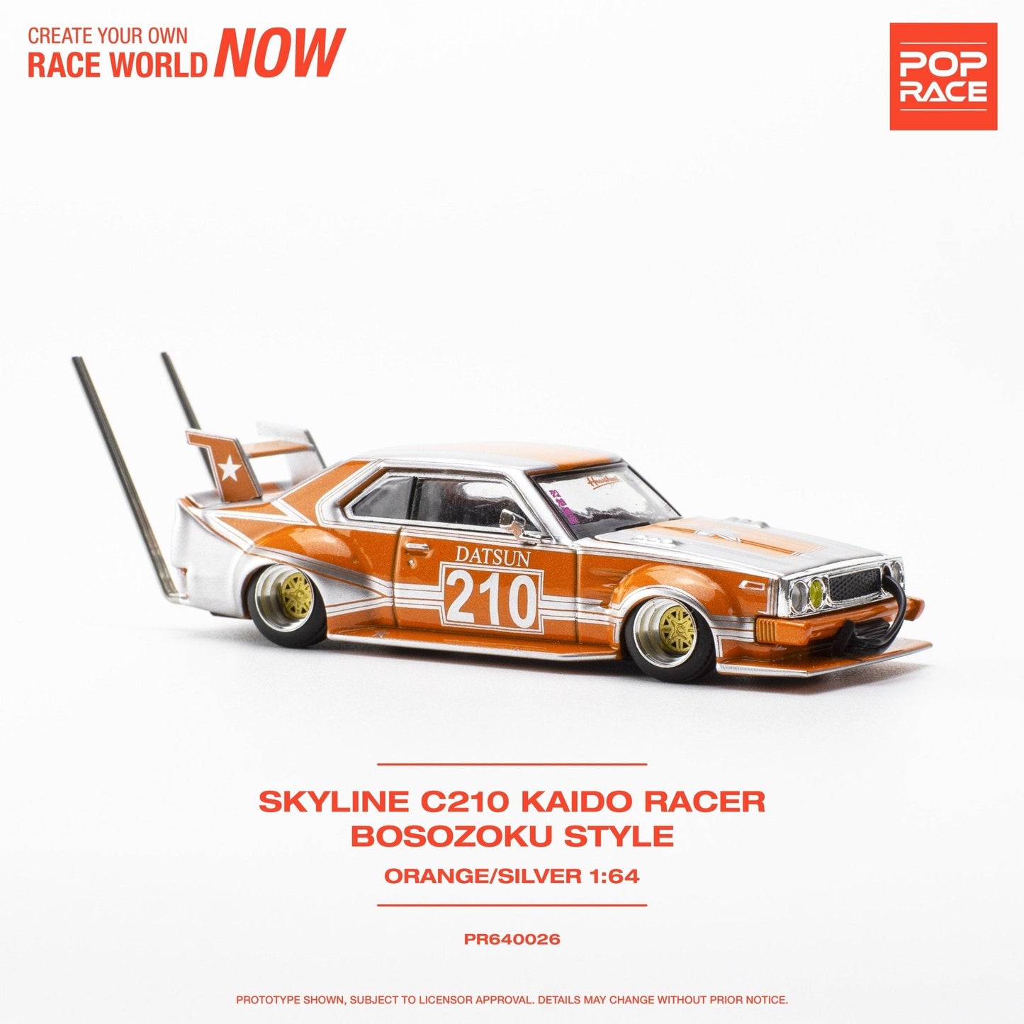 (Pre-Order) Nissan Skyline C210 Kaido Racer Bosozuko Style - Orange/Silver Pop Race - Big J's Garage