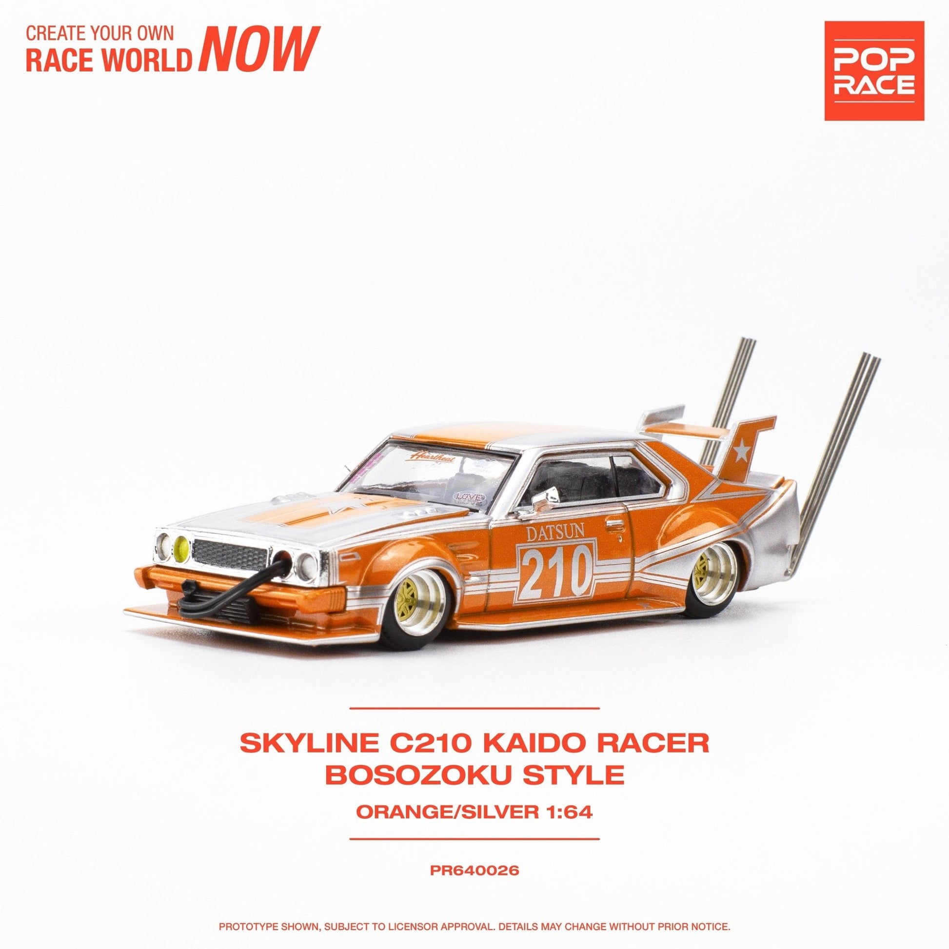 (Pre-Order) Nissan Skyline C210 Kaido Racer Bosozuko Style - Orange/Silver Pop Race - Big J's Garage