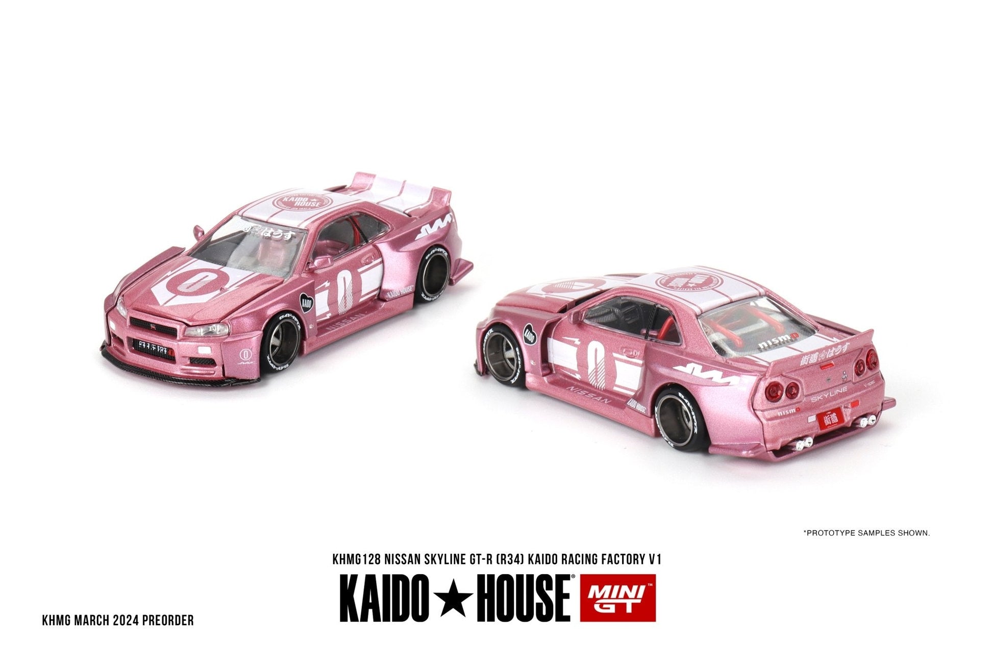 (Pre-Order) Nissan Skyline GT-R (R34) Kaido Racing Factory V1 - Pink Kaido House x Mini GT - Big J's Garage