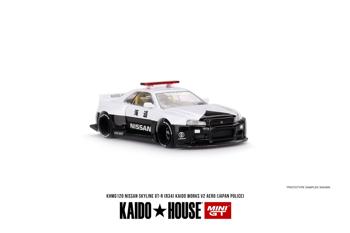 (Pre-Order) Nissan Skyline GT-R (R34) Kaido Works V2 Aero (Japan Police) Kaido House x Mini GT - Big J's Garage