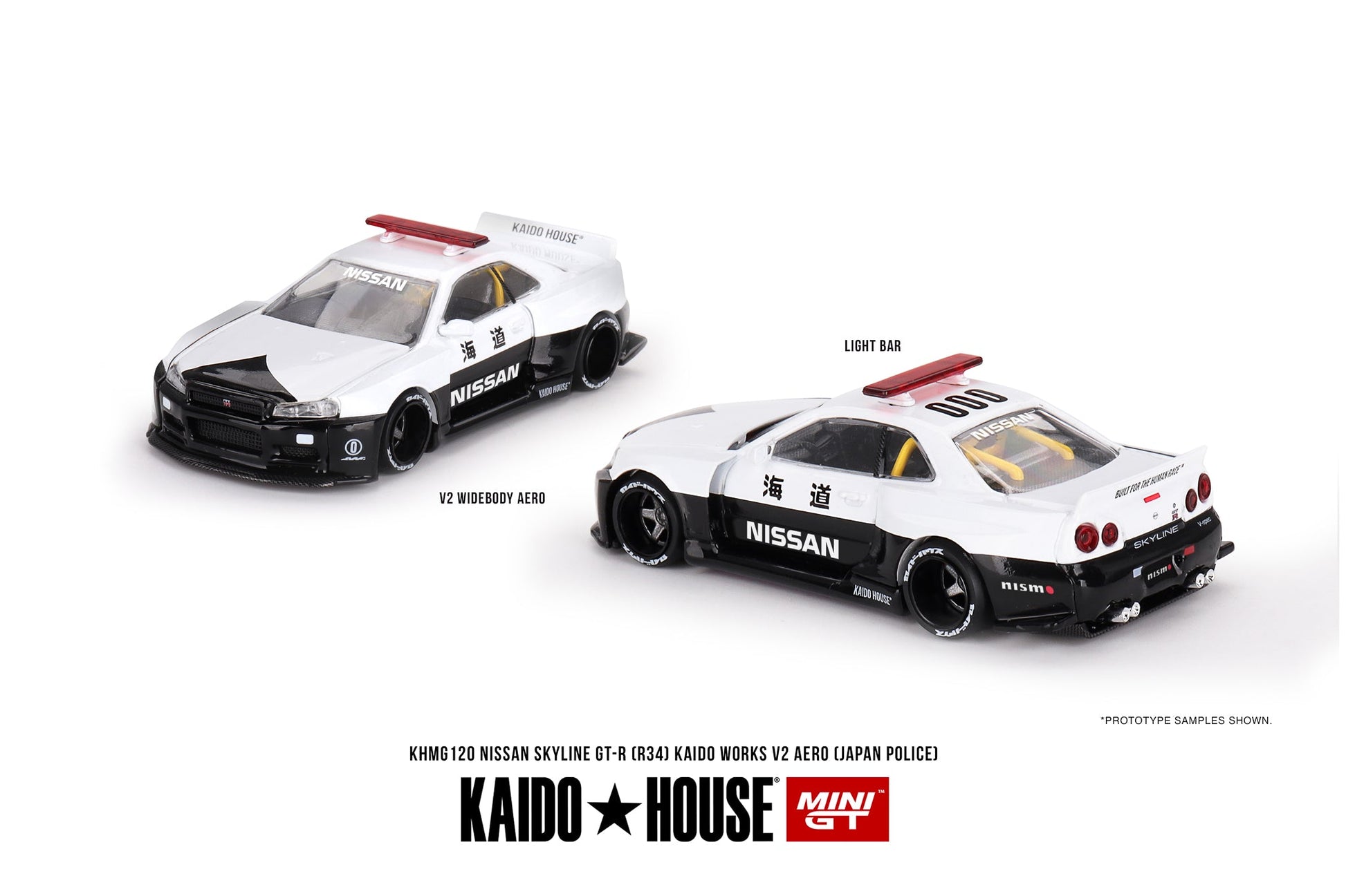 (Pre-Order) Nissan Skyline GT-R (R34) Kaido Works V2 Aero (Japan Police) Kaido House x Mini GT - Big J's Garage